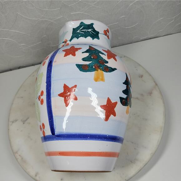 Pier 1 Italian Ceramic Pitcher Hand Painted Christmas Trees Floral Stars - Picture 7 of 15